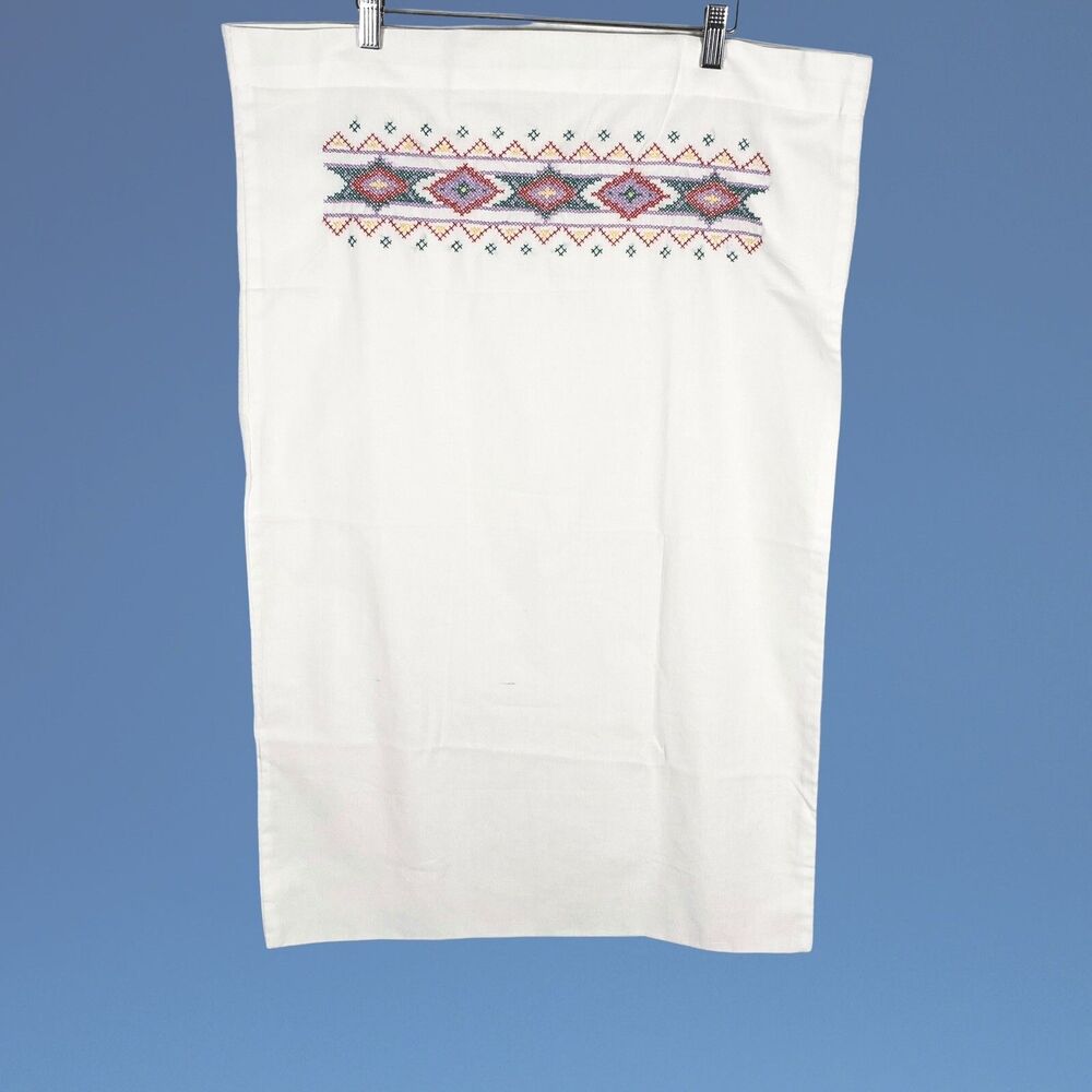 Vtg Cross Stitch Pillow Case Southwestern Geometric Embroidered Pillowcase Cover - Picture 2 of 12